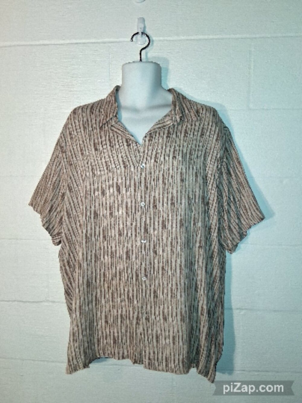 Via Europa Mens XL Brown Beige Pattern Button Up Casual Short Sleeve Dress Shirt